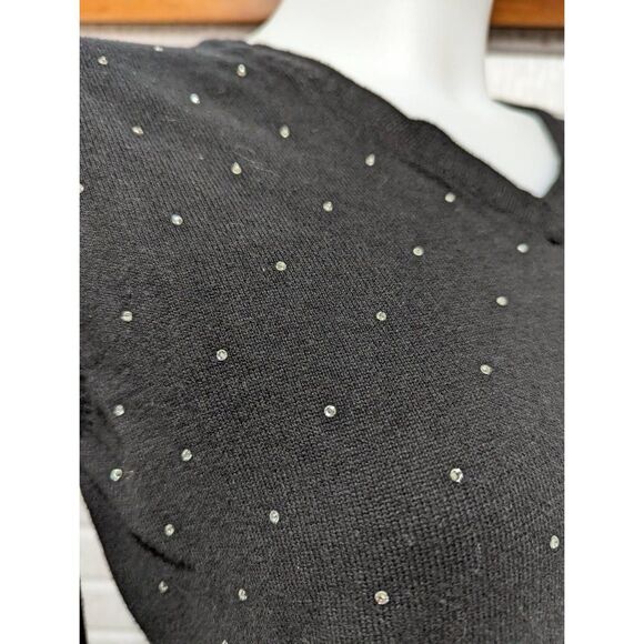 DKNY Jeans Women's Black V-Neck Cotton with Rhinestones Long-Sleeve Sweater Size - Picture 2 of 7